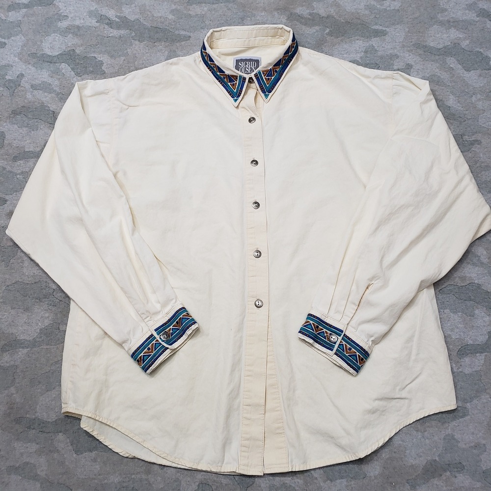 VTG Sigrid Olsen Orvis Shirt Mens Large Beige Southwestern Long Sleeve Button-Up